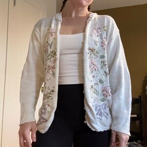 Vintage Erika Collared Cream Cardigan with Crochet and Embroidery size Large